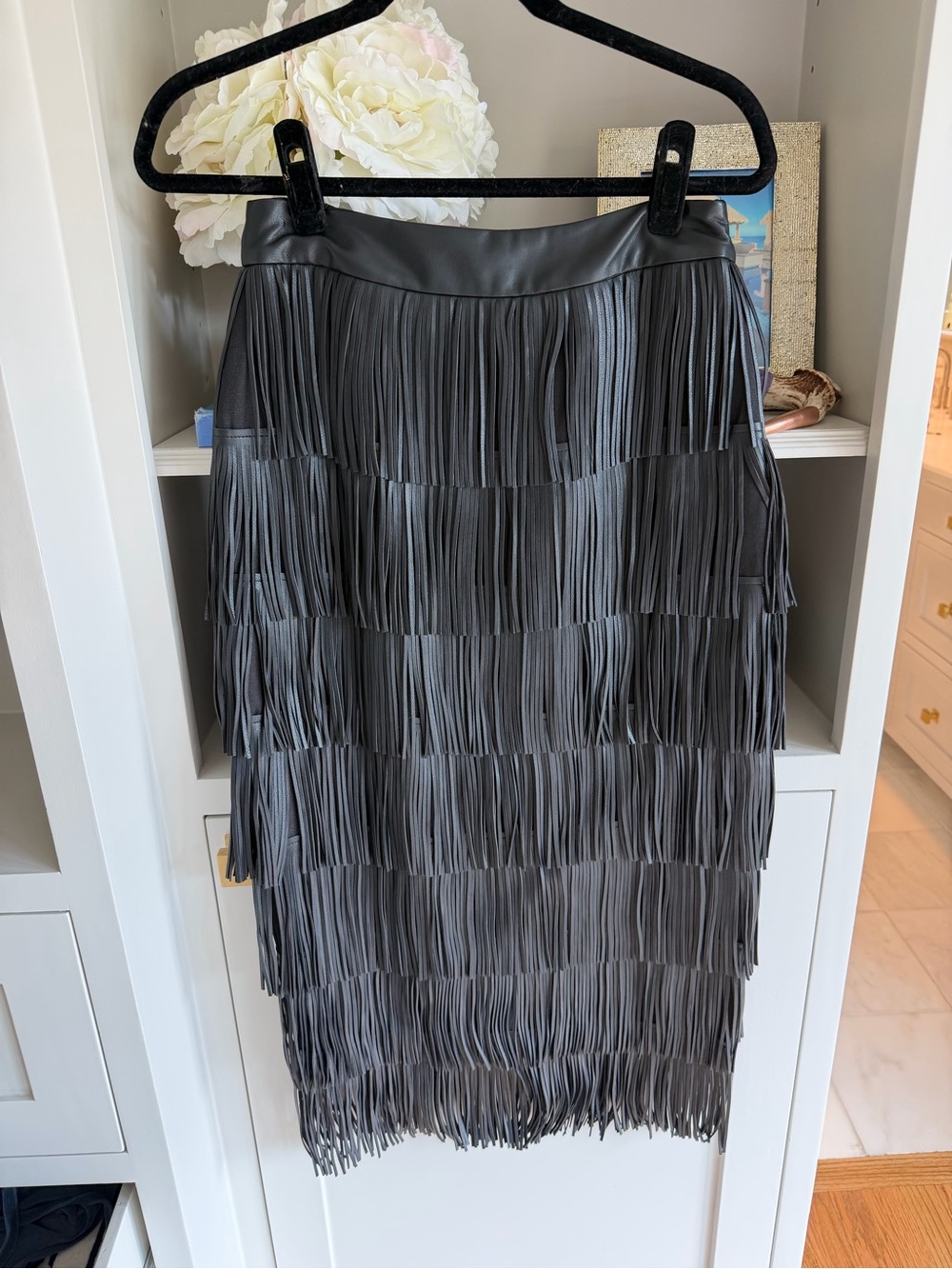 Endless Rose Black Faux-Leather Fringe Midi Skirt